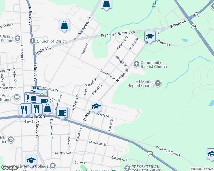 map of restaurants, bars, coffee shops, grocery stores, and more near 321 North Adair Street in Clinton