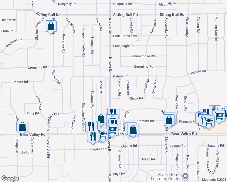 map of restaurants, bars, coffee shops, grocery stores, and more near 12377 Kiowa Road in Apple Valley