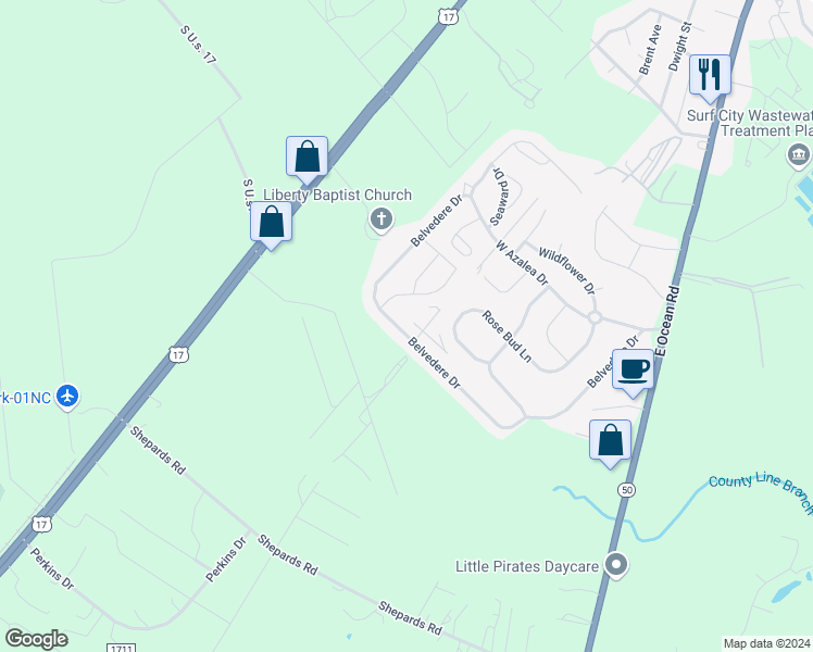 map of restaurants, bars, coffee shops, grocery stores, and more near 304 Belvedere Drive in Holly Ridge
