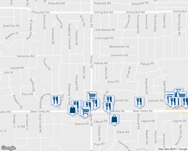 map of restaurants, bars, coffee shops, grocery stores, and more near 12377 Kiowa Road in Apple Valley