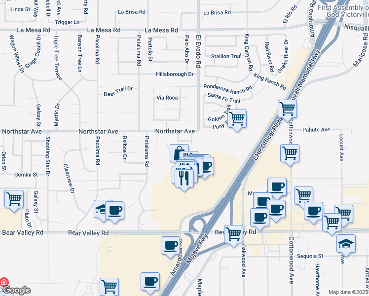 map of restaurants, bars, coffee shops, grocery stores, and more near 12437 Mesa Oro Drive in Victorville