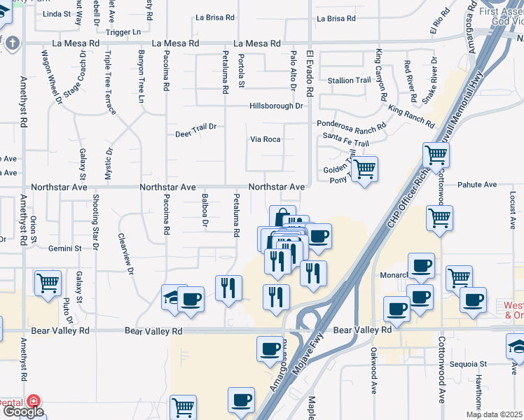 map of restaurants, bars, coffee shops, grocery stores, and more near 12436 Del Amo Way in Victorville