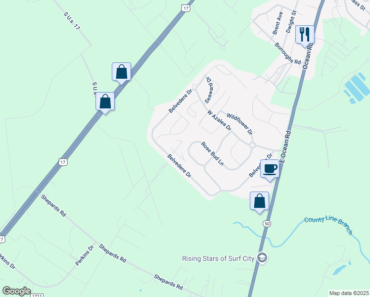 map of restaurants, bars, coffee shops, grocery stores, and more near 321 Rose Bud Lane in Holly Ridge