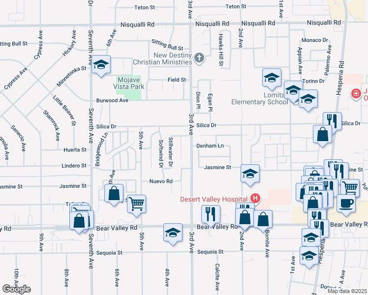 map of restaurants, bars, coffee shops, grocery stores, and more near 12392 Quanah Court in Victorville