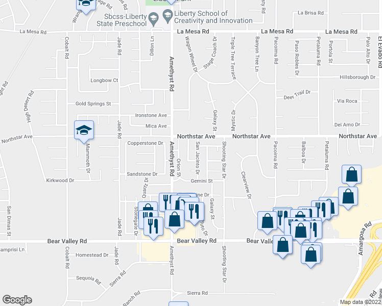 map of restaurants, bars, coffee shops, grocery stores, and more near 12439 Crestline Road in Victorville