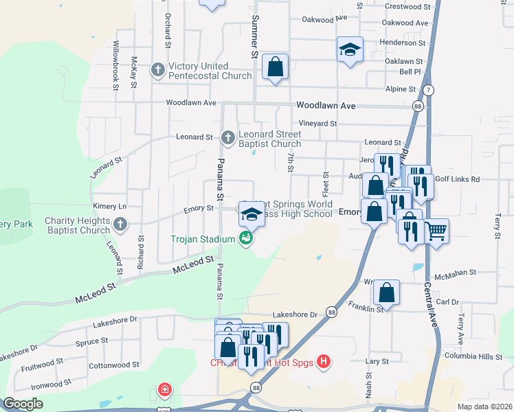 map of restaurants, bars, coffee shops, grocery stores, and more near 100 Holt Street in Hot Springs