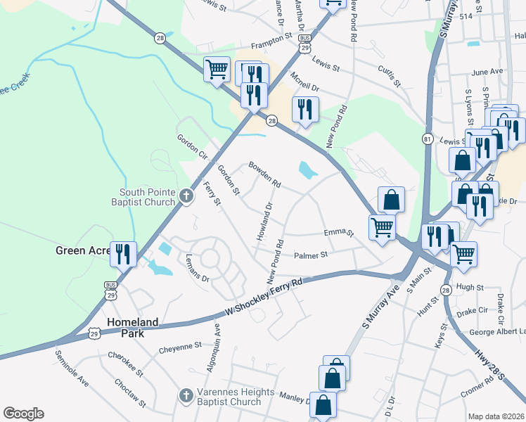 map of restaurants, bars, coffee shops, grocery stores, and more near 3212 Howland Drive in Anderson