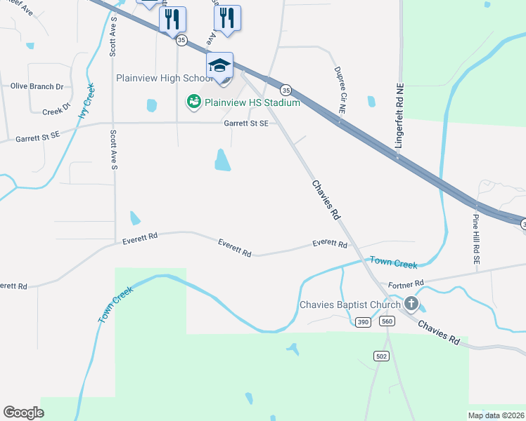 map of restaurants, bars, coffee shops, grocery stores, and more near 2867 Everett Road in Rainsville