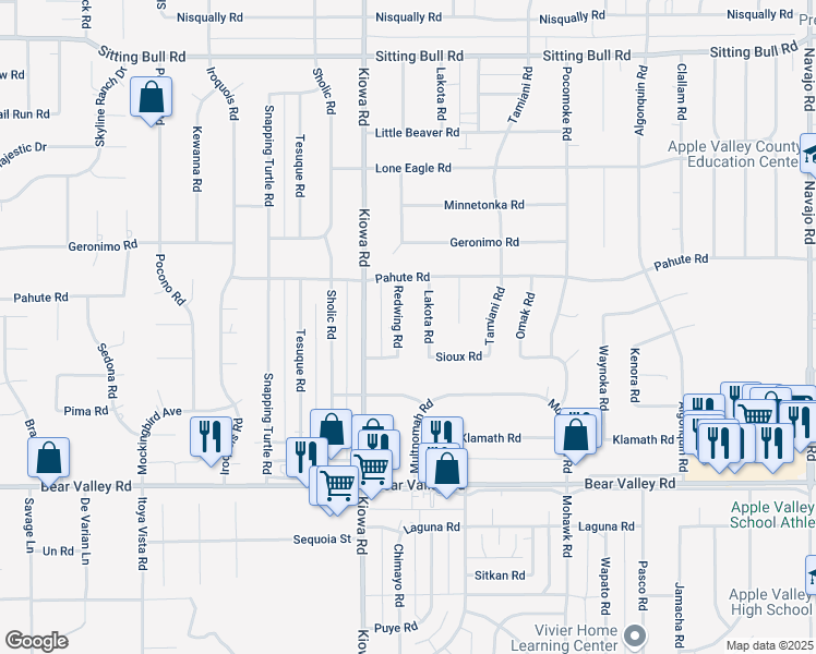 map of restaurants, bars, coffee shops, grocery stores, and more near 12381 Redwing Road in Apple Valley