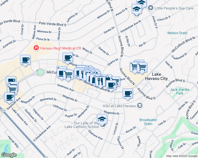 map of restaurants, bars, coffee shops, grocery stores, and more near 39 Querio Drive in Lake Havasu City