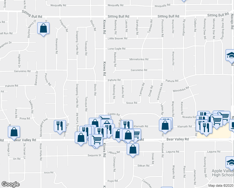 map of restaurants, bars, coffee shops, grocery stores, and more near 12352 Lakota Road in Apple Valley