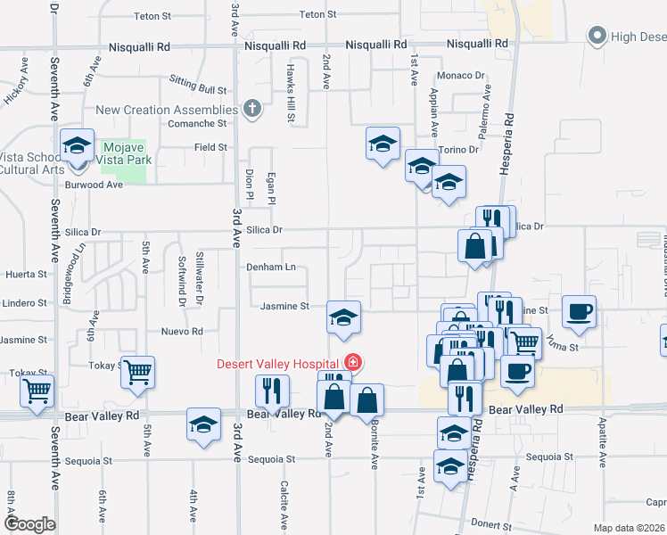 map of restaurants, bars, coffee shops, grocery stores, and more near 12384 Highgate Avenue in Victorville
