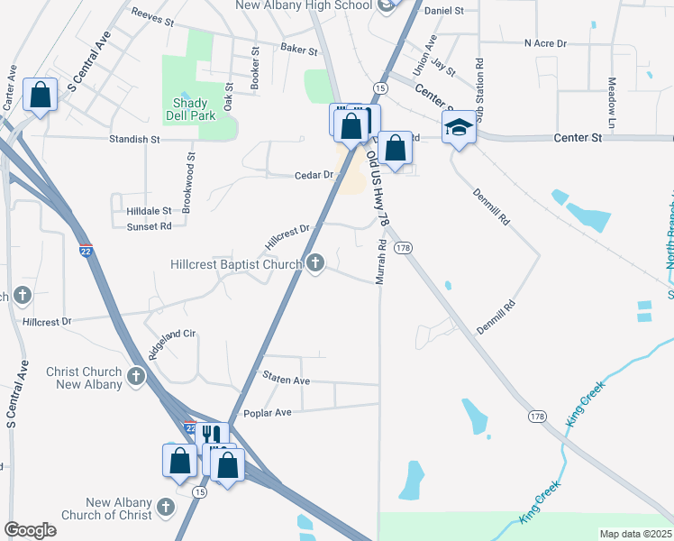 map of restaurants, bars, coffee shops, grocery stores, and more near 216 Mississippi 15 in New Albany