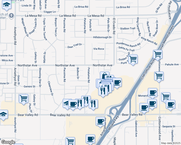 map of restaurants, bars, coffee shops, grocery stores, and more near 12441 Petaluma Road in Victorville
