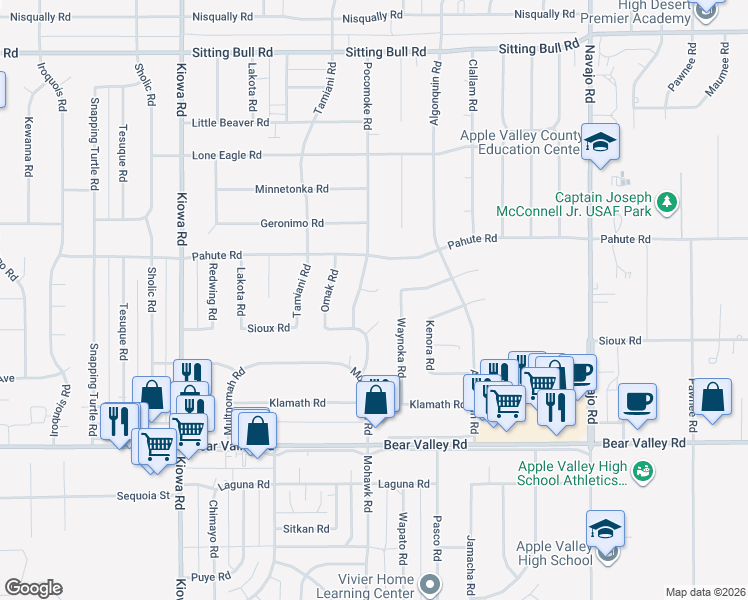 map of restaurants, bars, coffee shops, grocery stores, and more near 21275 Pocomoke Road in Apple Valley