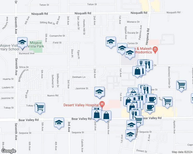 map of restaurants, bars, coffee shops, grocery stores, and more near 12413 2nd Avenue in Victorville