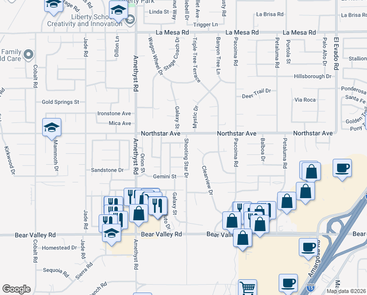 map of restaurants, bars, coffee shops, grocery stores, and more near 12447 San Gorgonio Way in Victorville