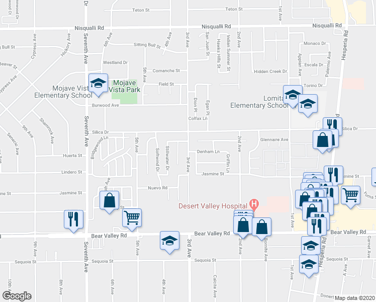 map of restaurants, bars, coffee shops, grocery stores, and more near 12424 3rd Avenue in Victorville