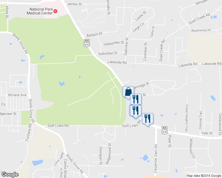 map of restaurants, bars, coffee shops, grocery stores, and more near 104 Arlington Park Terrace in Hot Springs