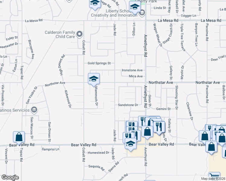 map of restaurants, bars, coffee shops, grocery stores, and more near 13491 Solitude Circle in Victorville