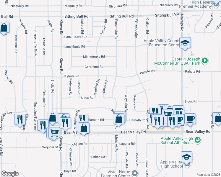 map of restaurants, bars, coffee shops, grocery stores, and more near 21196 Sioux Road in Apple Valley