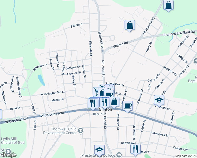 map of restaurants, bars, coffee shops, grocery stores, and more near 202 Elizabeth Street in Clinton