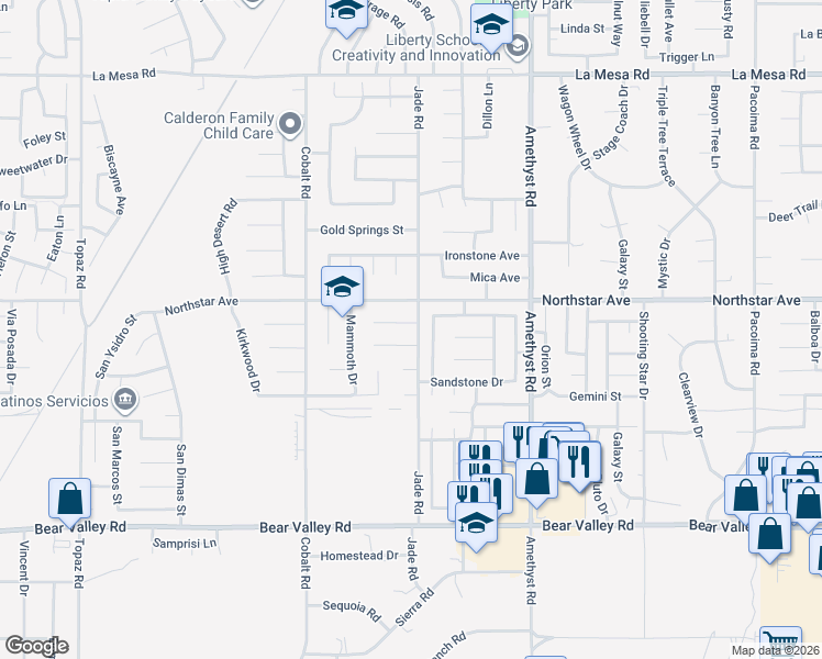 map of restaurants, bars, coffee shops, grocery stores, and more near 13491 Solitude Circle in Victorville