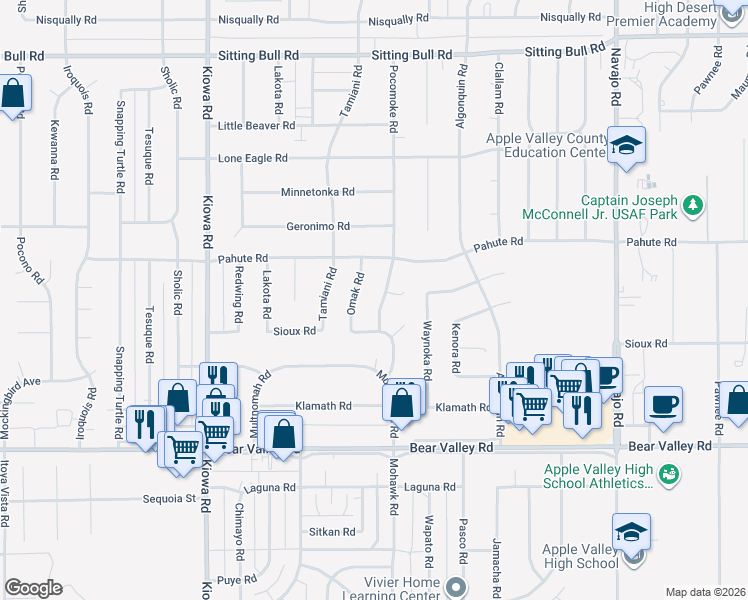 map of restaurants, bars, coffee shops, grocery stores, and more near 21196 Sioux Road in Apple Valley