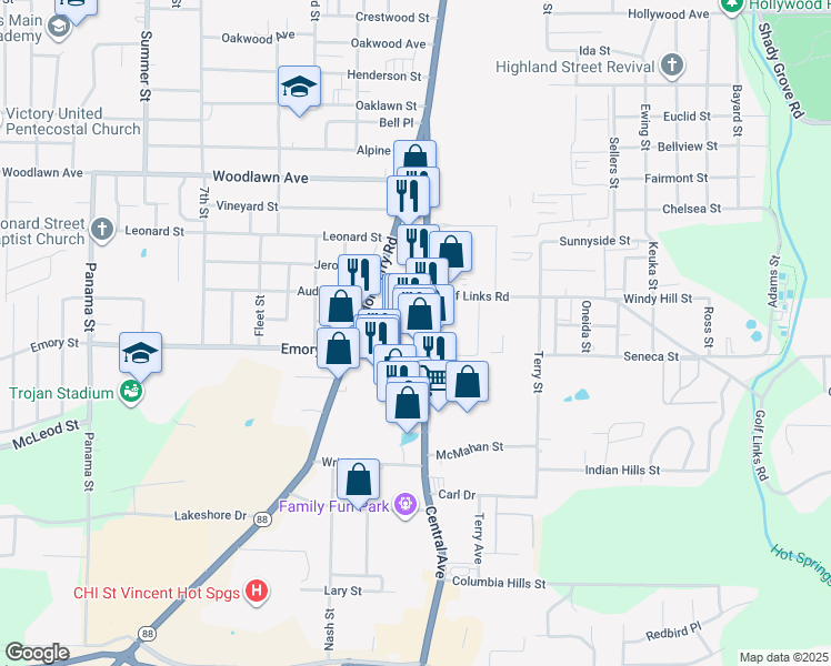 map of restaurants, bars, coffee shops, grocery stores, and more near 114 Crawford Street in Hot Springs
