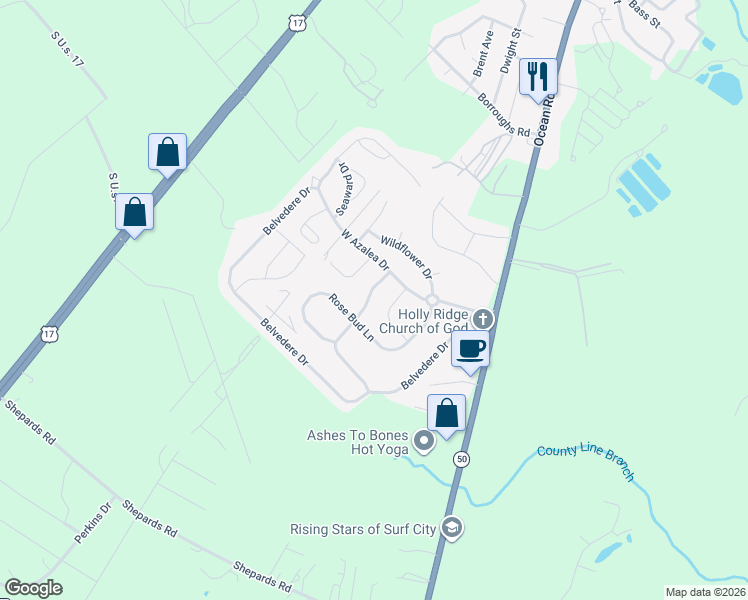 map of restaurants, bars, coffee shops, grocery stores, and more near 408 Amaryllis Lane in Holly Ridge