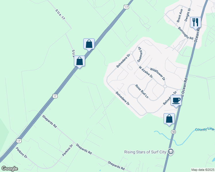 map of restaurants, bars, coffee shops, grocery stores, and more near 315 Belvedere Drive in Holly Ridge