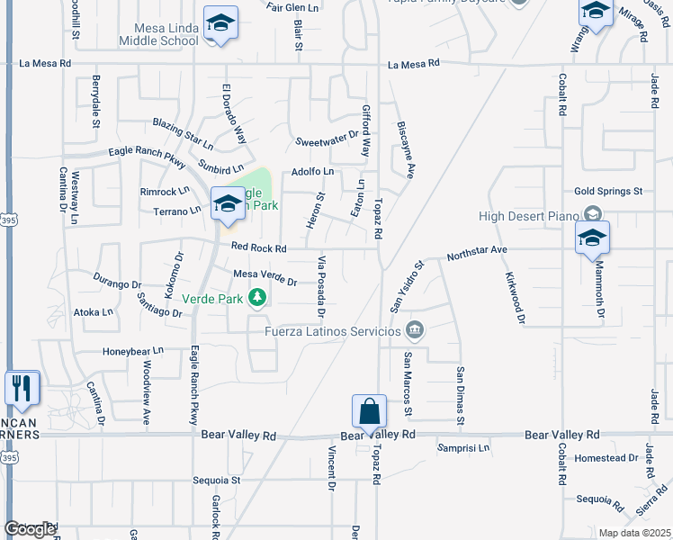 map of restaurants, bars, coffee shops, grocery stores, and more near 12819 Red Rock Road in Victorville