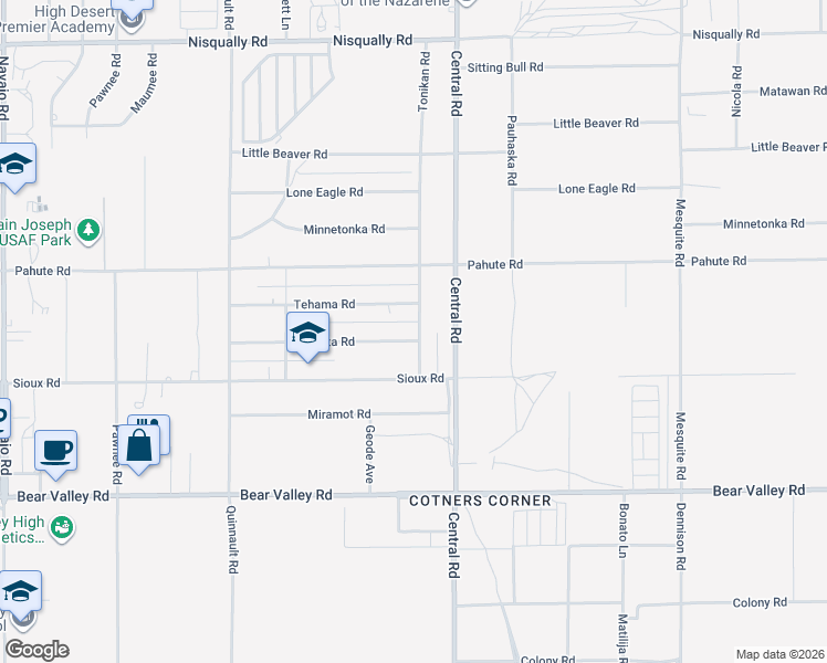 map of restaurants, bars, coffee shops, grocery stores, and more near 12416 Tonikan Road in Apple Valley