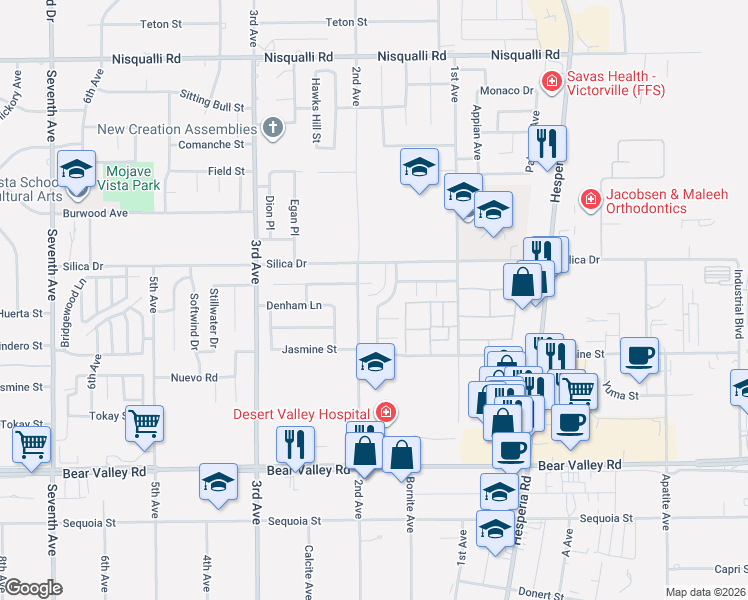 map of restaurants, bars, coffee shops, grocery stores, and more near 16750 Hastings Place in Victorville