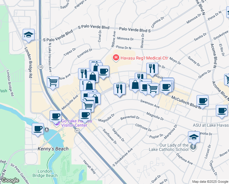 map of restaurants, bars, coffee shops, grocery stores, and more near in Lake Havasu City