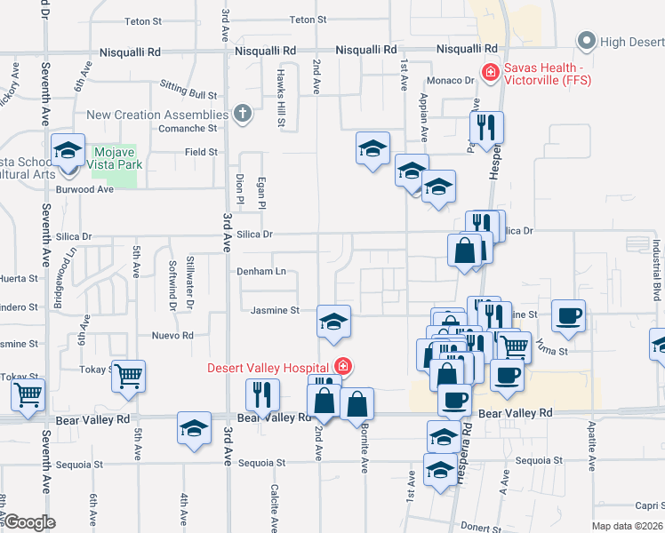 map of restaurants, bars, coffee shops, grocery stores, and more near 12418 Highgate Avenue in Victorville