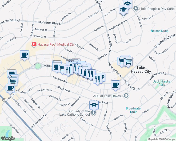 map of restaurants, bars, coffee shops, grocery stores, and more near 2094 Mesquite Avenue in Lake Havasu City
