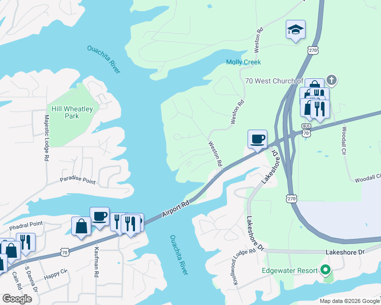 map of restaurants, bars, coffee shops, grocery stores, and more near Cliff Loop in Hot Springs