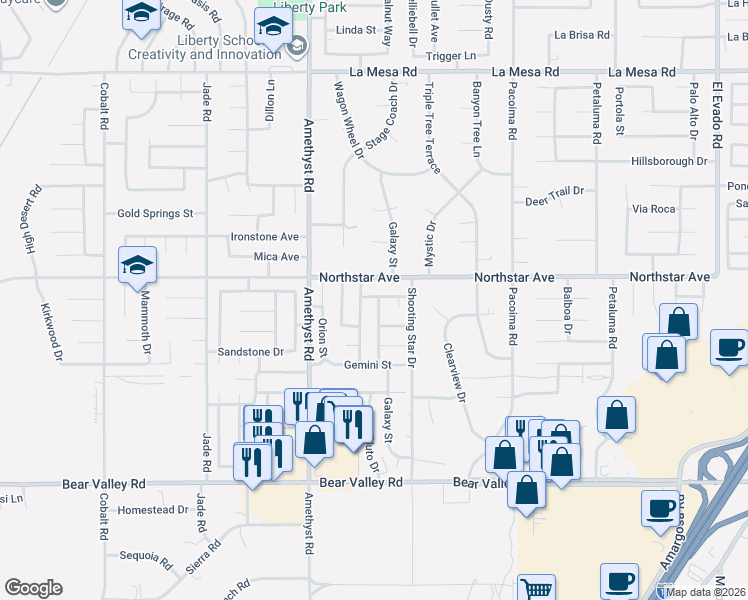 map of restaurants, bars, coffee shops, grocery stores, and more near 12452 Mount Baldy Drive in Victorville