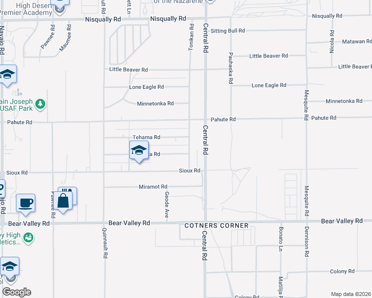 map of restaurants, bars, coffee shops, grocery stores, and more near 12416 Tonikan Road in Apple Valley