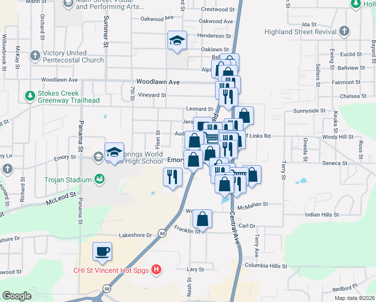 map of restaurants, bars, coffee shops, grocery stores, and more near 708 Higdon Ferry Road in Hot Springs