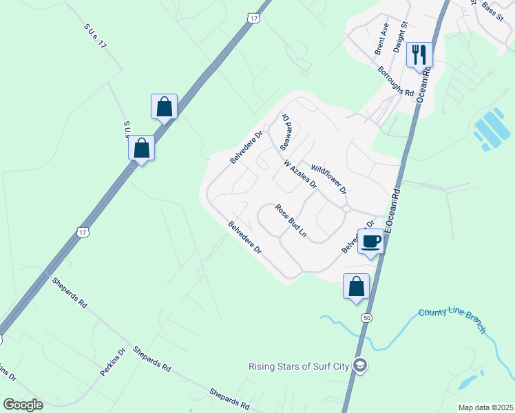 map of restaurants, bars, coffee shops, grocery stores, and more near 325 Rose Bud Lane in Holly Ridge