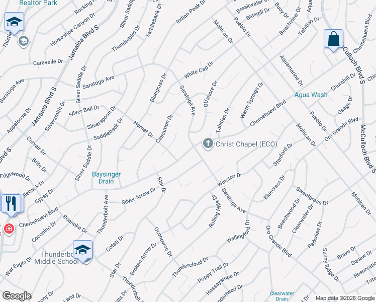 map of restaurants, bars, coffee shops, grocery stores, and more near 3601-3613 Saratoga Avenue in Lake Havasu City