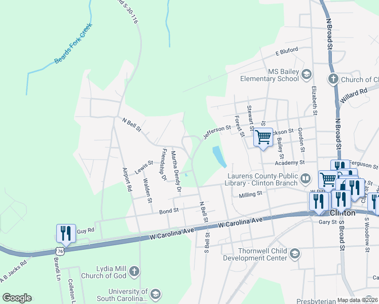 map of restaurants, bars, coffee shops, grocery stores, and more near 111 Bartee Circle in Clinton