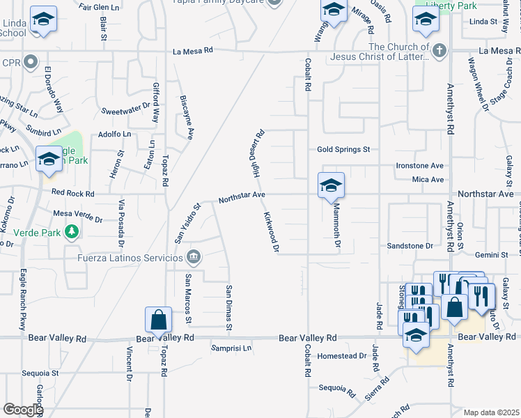map of restaurants, bars, coffee shops, grocery stores, and more near 12462 Kirkwood Drive in Victorville