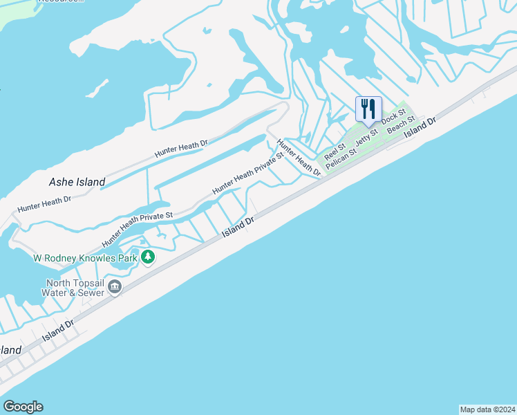 map of restaurants, bars, coffee shops, grocery stores, and more near 104 Sea Oaks Court in North Topsail Beach