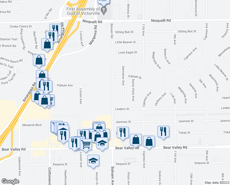 map of restaurants, bars, coffee shops, grocery stores, and more near 12451 Balsam Road in Victorville