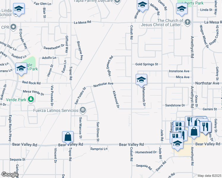 map of restaurants, bars, coffee shops, grocery stores, and more near 12462 Kirkwood Drive in Victorville