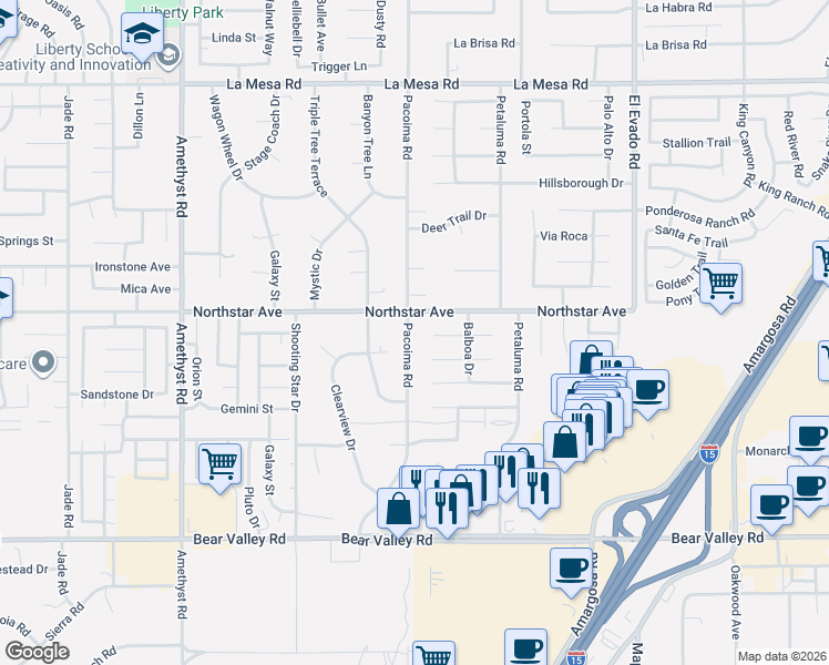 map of restaurants, bars, coffee shops, grocery stores, and more near 12491 Pacoima Road in Victorville