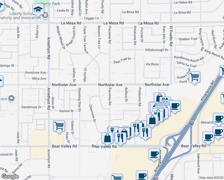 map of restaurants, bars, coffee shops, grocery stores, and more near 12491 Pacoima Road in Victorville